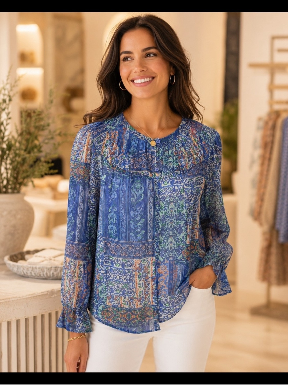 NWT Ramy Brook Ariel Multicolor Paisley Sheer Long Sleeve Smocked Blouse Top